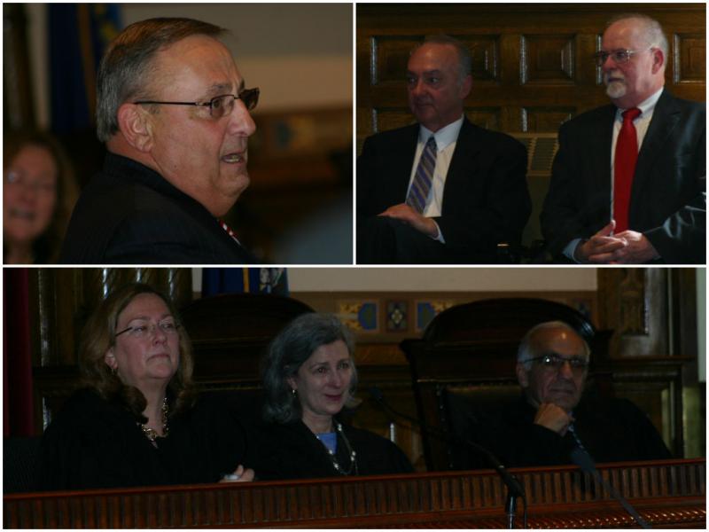 Top photos left to right: Governor LePage, Chief Justice of Superior Courts Thomas Humphrey and Judge Charles LaVerdiere, Chief Judge of District Courts. Bottom from left to right: Chief Justice Leigh Saufley, Justice Ellen Gorman and Justice Joseph Jabar. (photo by Erica Thoms)
