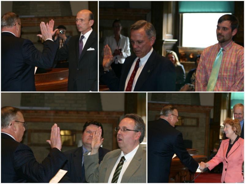 New Judges Andrew Benson (upper left) and Barbara Raimondi (lower right). New Superior Court Justices Robert Mullen (upper right) and Daniel Billings (lower left). (photo by Erica Thoms)