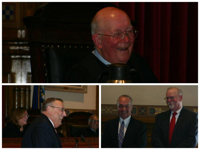 Supreme Court Justice Donald Alexander laughs at a joke in the top photo. Bottom from left: As do Gov. LePage, Chief Justice Thomas Humphrey and Judge Charles LaVerdiere. (photo by Erica Thoms)