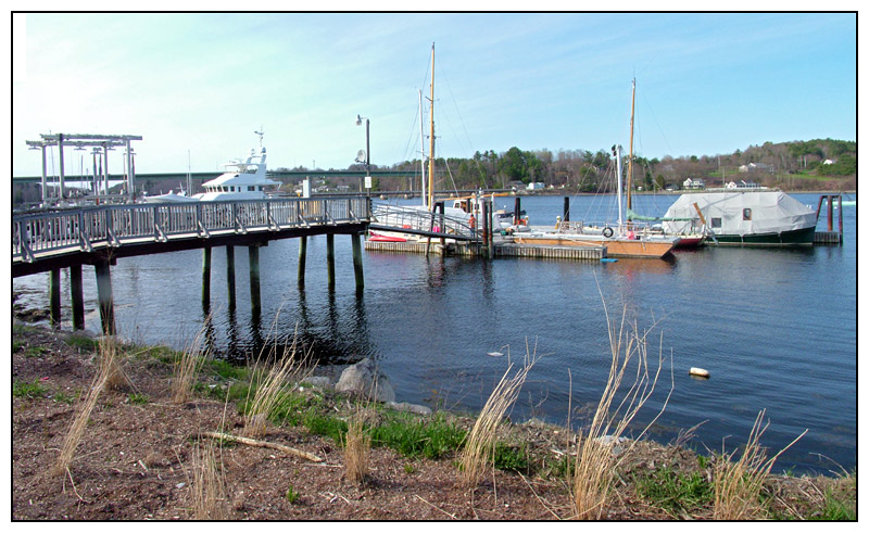 Thompson’s Wharf, seen from the south, lies between two properties owned by Front Street Shipyard. Fees at the three-year-old business came up in a recent discussion by the City Council about whether those at the city-owned pier should be more. (Photo by Ethan Andrews)