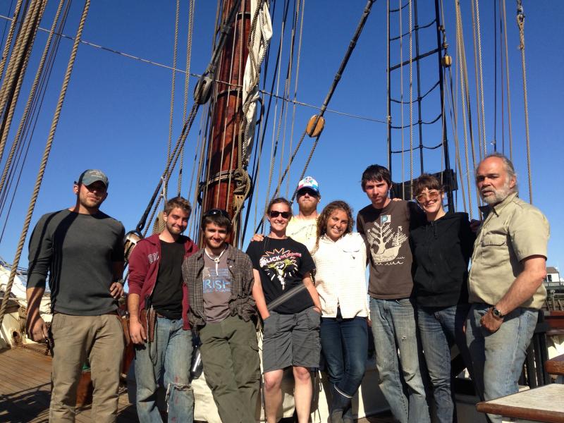 Crew of the replica clipper ship ‘Amistad’ includes Julia, Kirin, Darius Pomeroy, George, Alice, Jesse Doucette, Christopher, Cameron, Jimmy, Ken, Mary and Capt. Patrick Flynn. (Photo by Lynda Clancy)