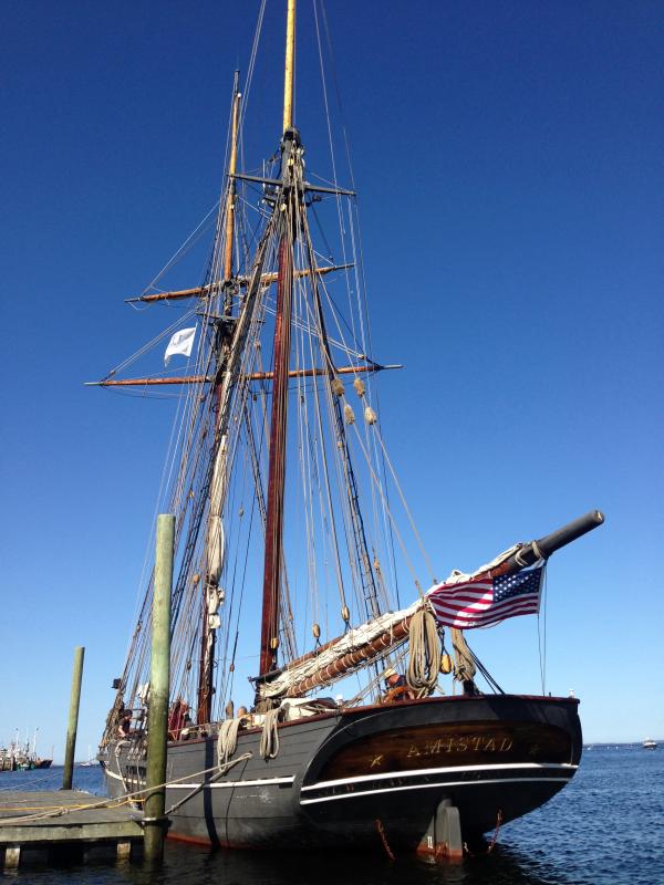 Replica Baltimore clipper ship ‘Amistad’ in Rockland Harbor Thursday evening. (Photo by Lynda Clancy)