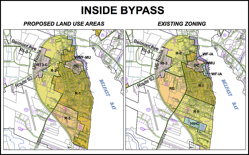 A pair of maps shows proposed changes to zoning boundaries contained in the Future Land Use Plan. The plan will be the subject of public hearings in June and July. See story for a link to this section of the document. (Source: City of Belfast)