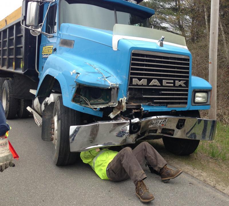 Monroe’s truck was damaged in the crash and was towed to Hope by All Directions towing company. (Photo by Lynda Clancy)