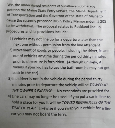 The petition that sits on Vinalhaven, composed by residents worried about changes to the Rockland Ferry Terminal parking policy.