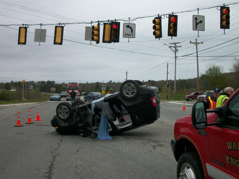 The driver of this Jeep Patriot was summonsed for failure of left turning vehicle to yield to right of way following a crash in Warren that totaled his sport utility vehicle and caused him minor injuries, including pain and cuts to his hands. (Courtesy Knox County Sheriff’s Office)