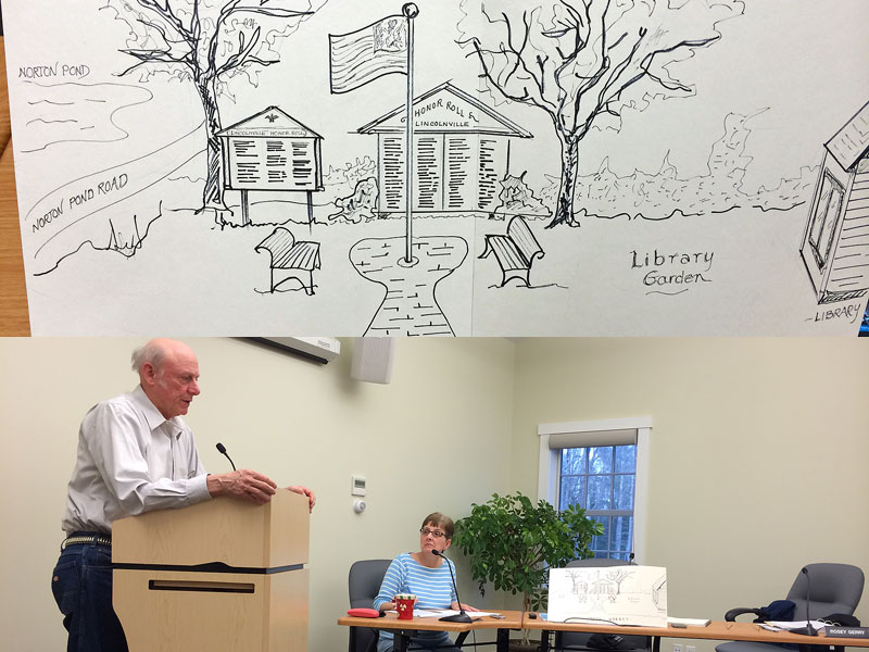Rosey Gerry said his idea for a Veterans Memorial in Lincolnville Center, above Breezemere Park, was initially sketched out last week on the back of a pie plate, and that the concept is in its early stages and the committee will include representatives from a variety of vested town committees. (Photos by Holly S. Edwards)