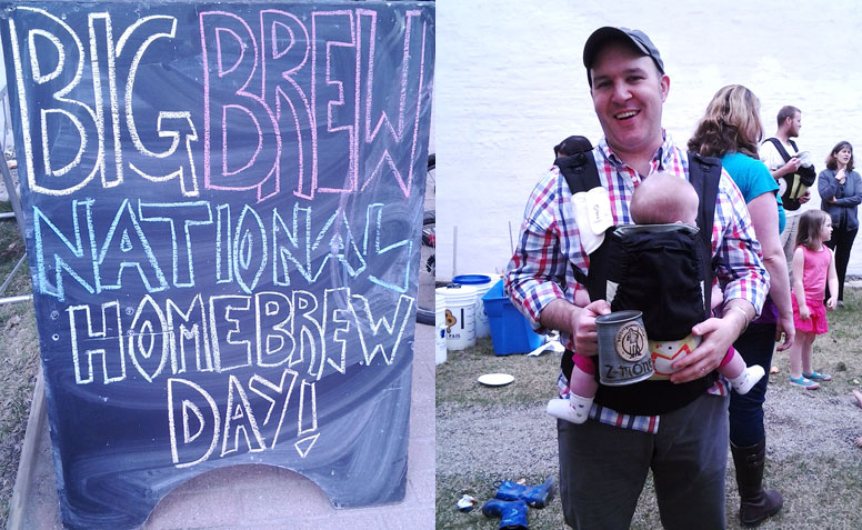 Can you spot the Baby Bjorns in the photo? With Zeth Lundy, co-owner of Central Street Farmhouse and host of the Big Brew Day in the Pocket Park next to his business. Photo by Kay Stephens