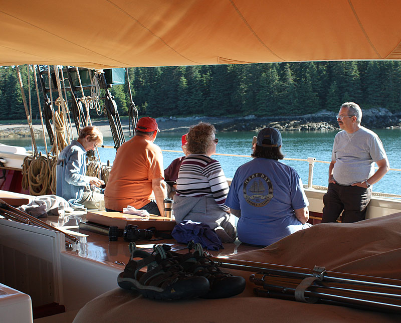 Early morning socializing on the foredeck of the Mary Day. (Photo by Holly S. Edwards)