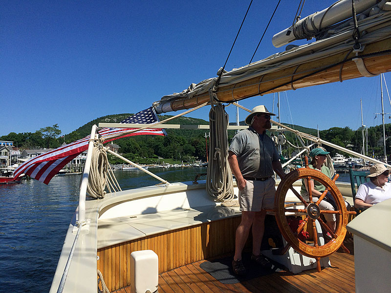 Capt. Barry King sails his schooner, Mary Day, out of Camden Harbor June 23. (Photo by Holly S. Edwards)