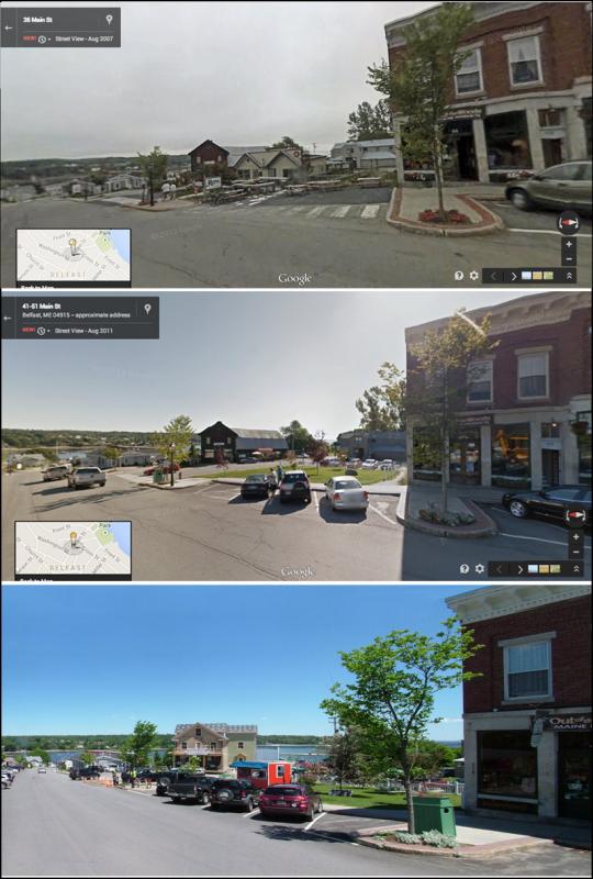 A view of Lower Main Street shows some changes over the four-year span covered by Google’s Street View (top, 2007; center, 2011). Like many areas of Belfast, transformation in the years since (bottom, 2014) has been just as significant.