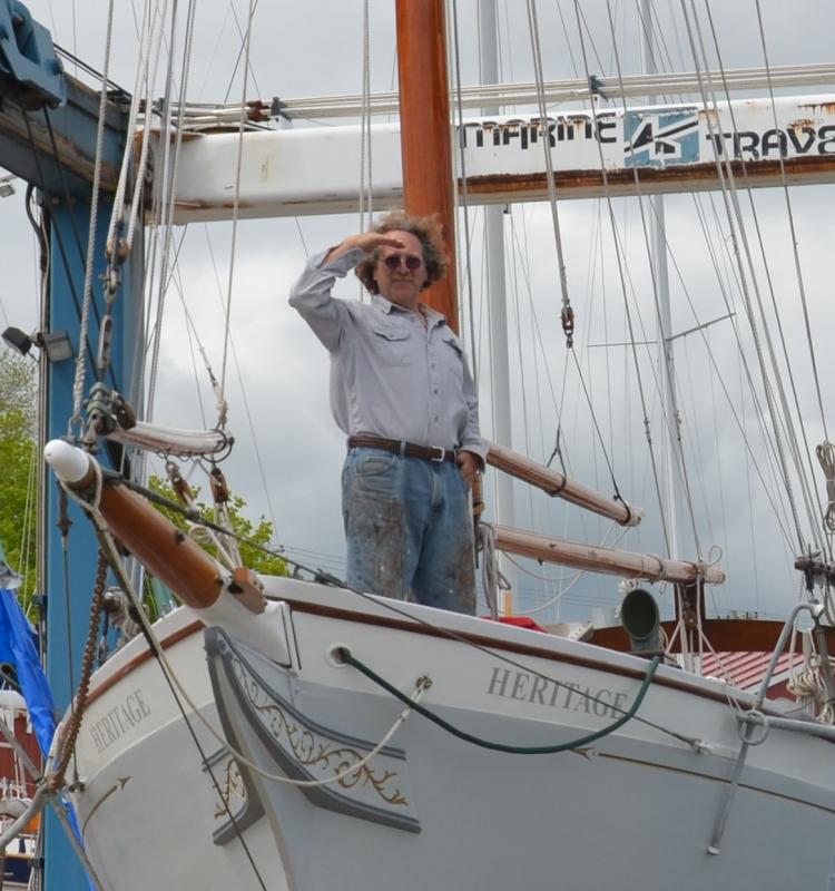 Captain Neal Parker stands on the Heritage before she is launched in May into Rockland’s harbor. (Photo by Lynda Clancy)