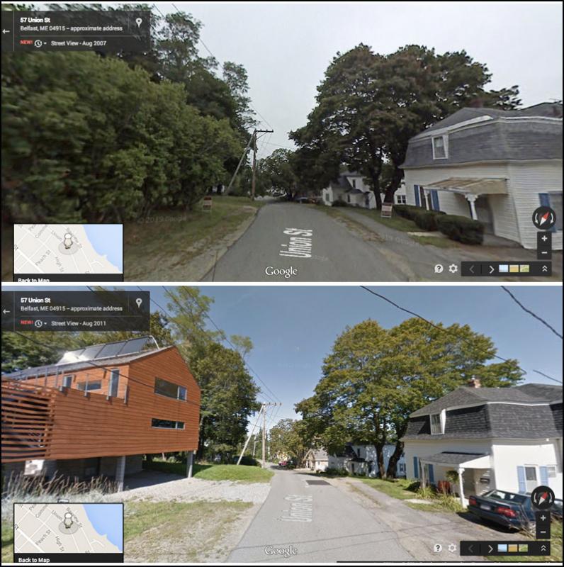 A wooded lot on Union Street in 2007, top, had become the site of a futuristic-looking, energy efficient home by the time Google’s Street View car returned in 2011.