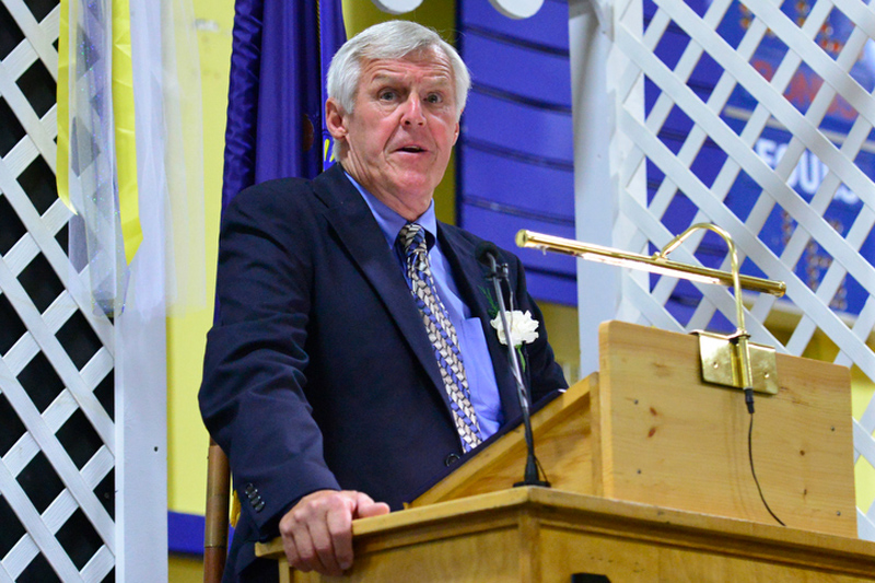 Teacher Neil Lash was the keynote speaker and he had some meaningful messages for the graduating class. (Photo by Ron Hawkes)