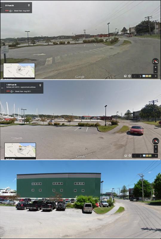 A bend near the municipal parking lot on Front Street, pictured, from top, in 2007, 2011 and after the completion of Front Street Shipyard’s large shop building in 2014.