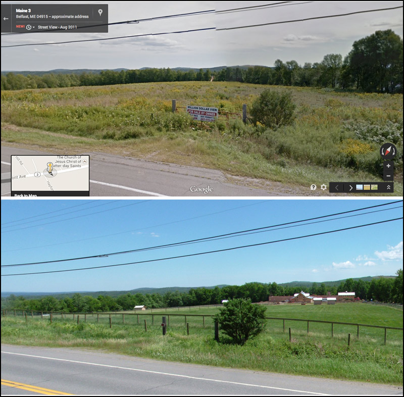 A hayfield on Route 3 remained essentially unchanged from 2007 to 2011. Today, the property is a horse farm.