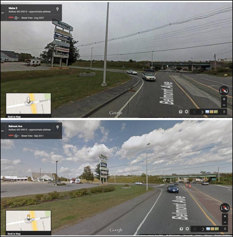 Between 2007, top, and 2011, the median at this location on Belmont Avenue was leveled off to allow wide turns by oversized trucks bringing massive wind turbine components from Searsport to Western Maine.