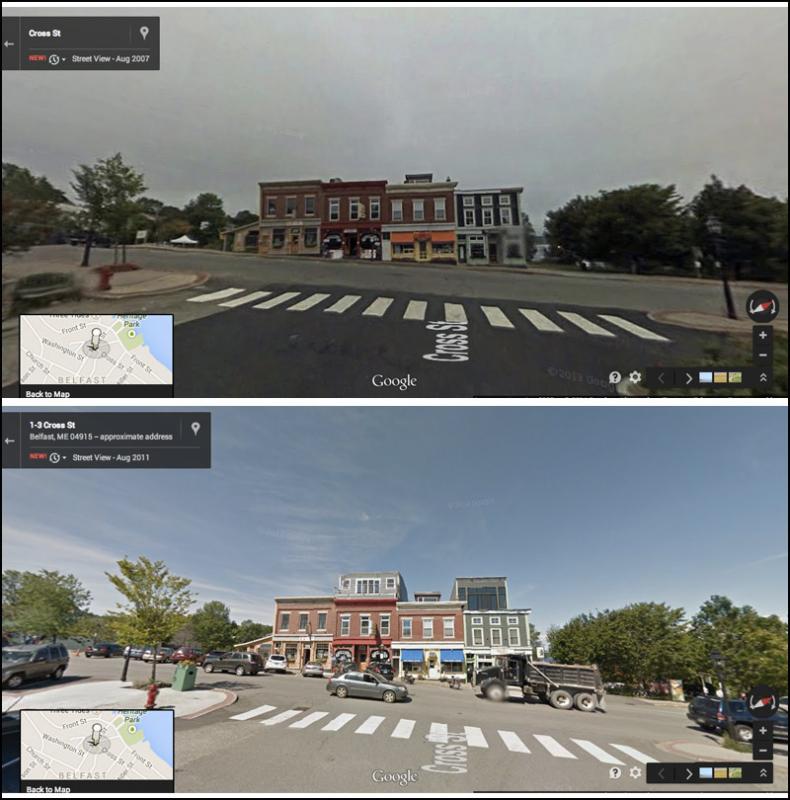 Views from 2007, top, and 2011 show additions built on one block of Lower Main Street. These upper stories figured prominently in the city’s 2008 adoption of a design review ordinance.