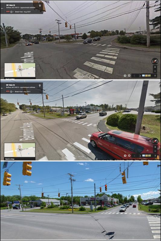 The corner of Starrett Drive and Main Street was home to a Citgo Station and Big Apple Store in 2007. By 2011, center, the old filling station had been replaced by a Walgreens store.