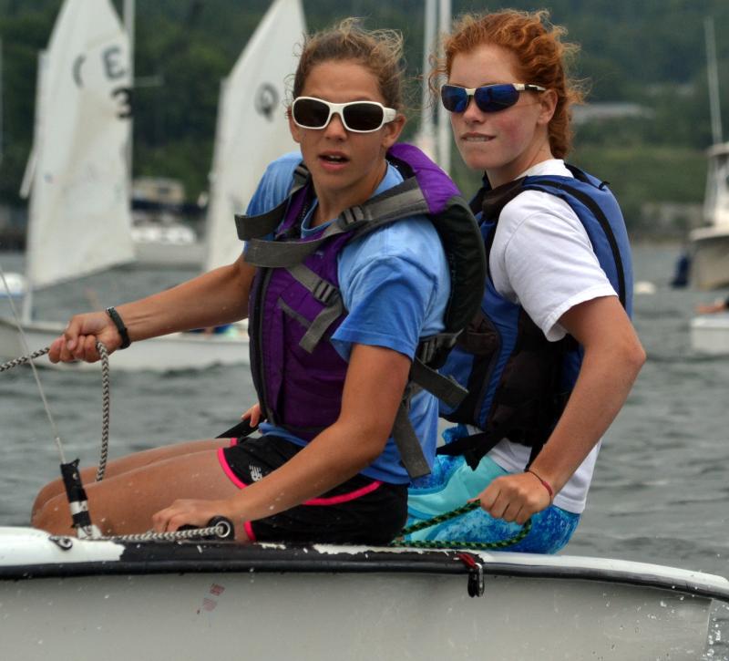 A pair of Camden Yacht Club sailors listen to their coaches’ instructions. (Photo by George Harvey)