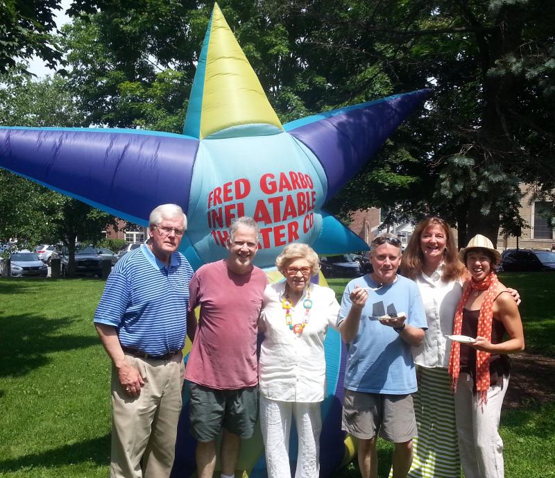 From left: Donald White, Camden Select Board Opera House Liason. Marc Ratner, Camden Opera House Committee. Renee Hutcheon, Opera House Promotions Committee. Fred Garbo. Kerry Hadley, Camden Opera House Manager. Molly Gawler, member of Fred Garbo’s theatre group. (Photo by Ari Salas)