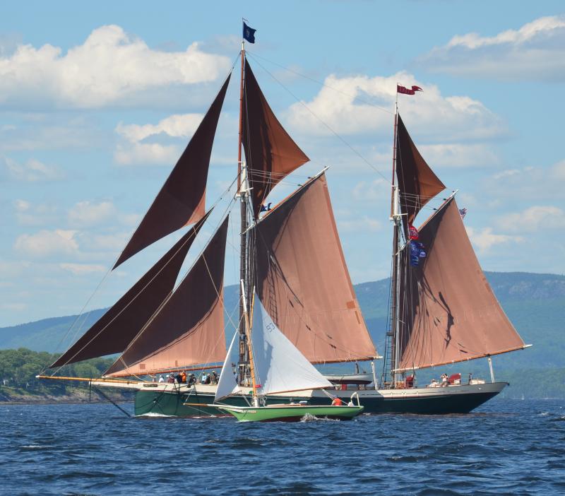 The Angelique and a Friendship sloop pair up for a few minutes. (Photo by Lynda Clancy)
