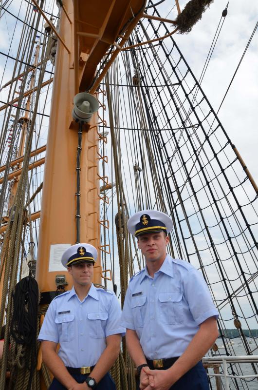 U.S. Coast Guard Academy Class of 2018 members Kurt Caminske and Jonathan Behnke, on the deck of the Eagle. (Photo by Lynda Clancy)