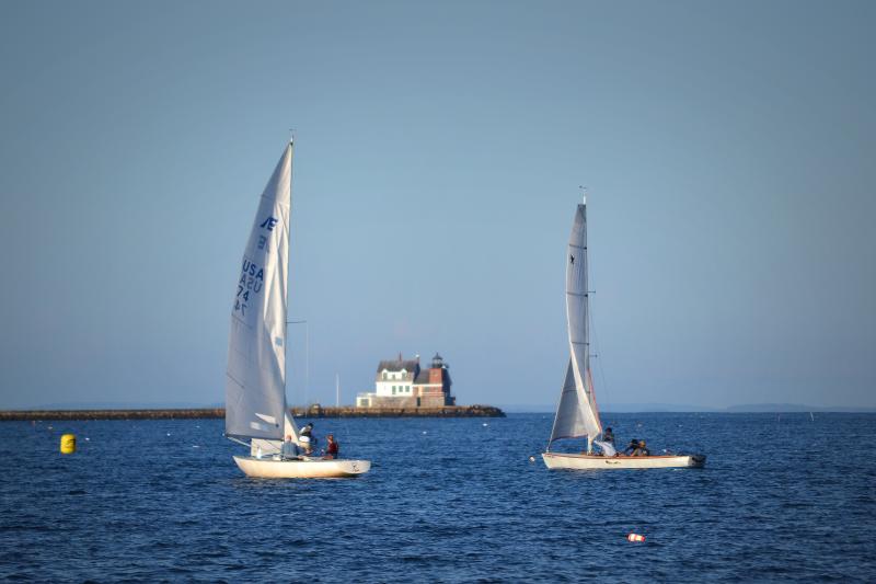 Elvis Tuna youth sailor – Isabel Crane (last year’s event winner) in the Elvis Tuna, left, and Josh Jackomino (this year’s event winner) in the Rave-On. (Courtesy Michael O’Neil)