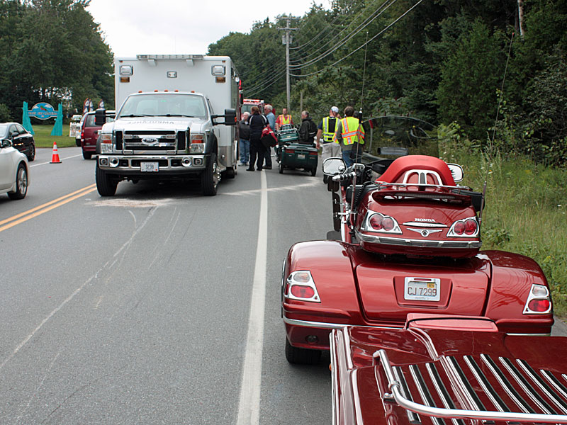 William Phillips of Palos Heights, Ill., was traveling with two other motorcycles, all from Illinois, on Route 1 in Rockport Sunday afternoon when he hit his front brake too hard and his front tire wrenched to the right, causing the bike to fall over. (Photo by Holly S. Edwards)