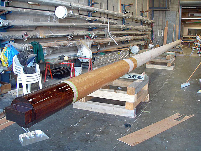 The schooner Bowdoin’s new main mast under construction this summer in Castine. (Courtesy Maine Maritime Academy)