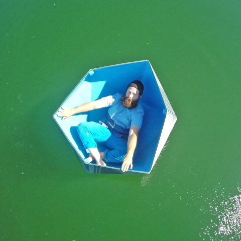Artist Sean Patrick O’Brien in his geodesic boat, near Bear Island. (Photo courtesy CMCA)