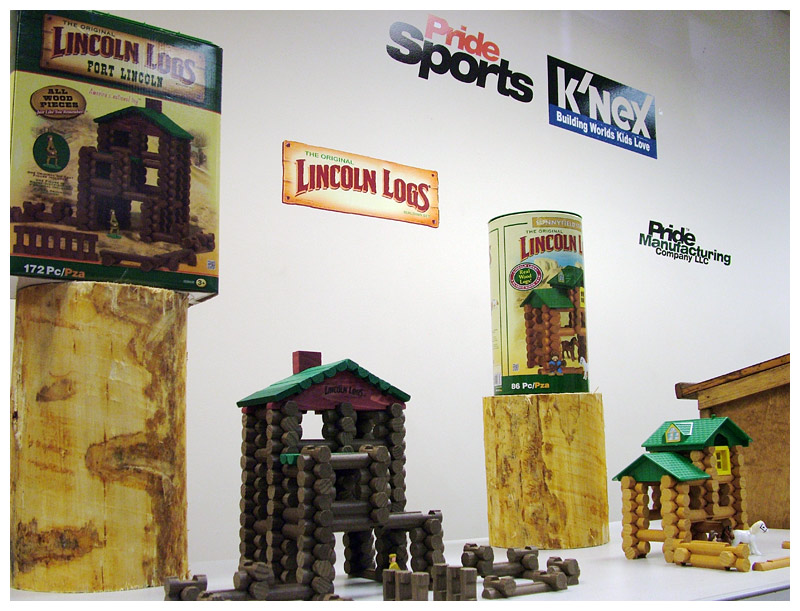 A display of Lincoln Logs toy sets at the Pride Sports manufacturing facility in Burnham, Sept. 17. (Photo by Ethan Andrews)