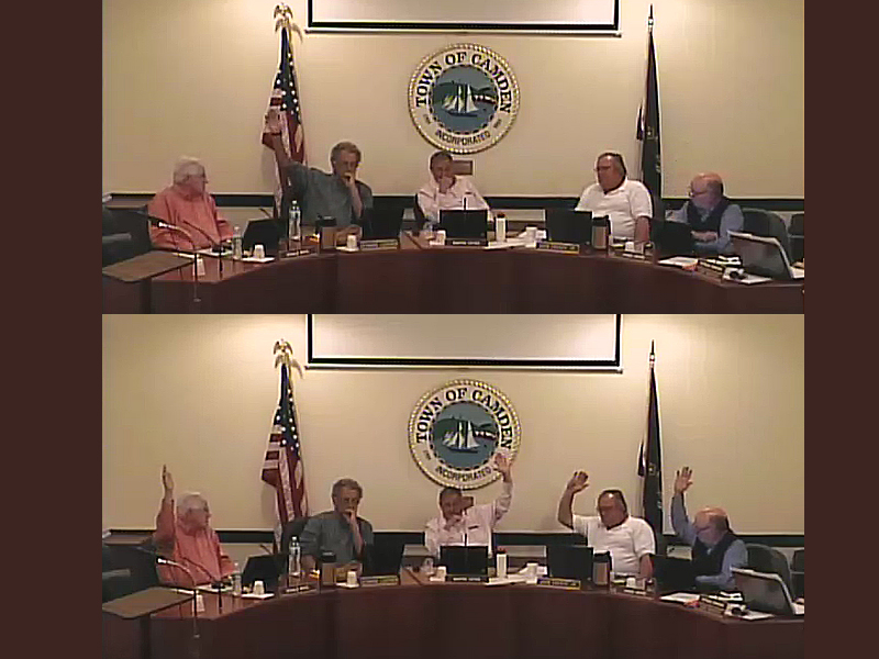 The Camden Select Board took two votes regarding an tannery property advisory question, and both times the vote was 4 to 1, with Leonard Lookner opposed. He eventually left the meeting in protest when it was clear the other select board members wanted to proceed in a manner that Lookner felt was ‘reneging’ on a decision, instead of taking proper steps to change a decision. (Courtesy Town of Camden/Town Hall Streams)