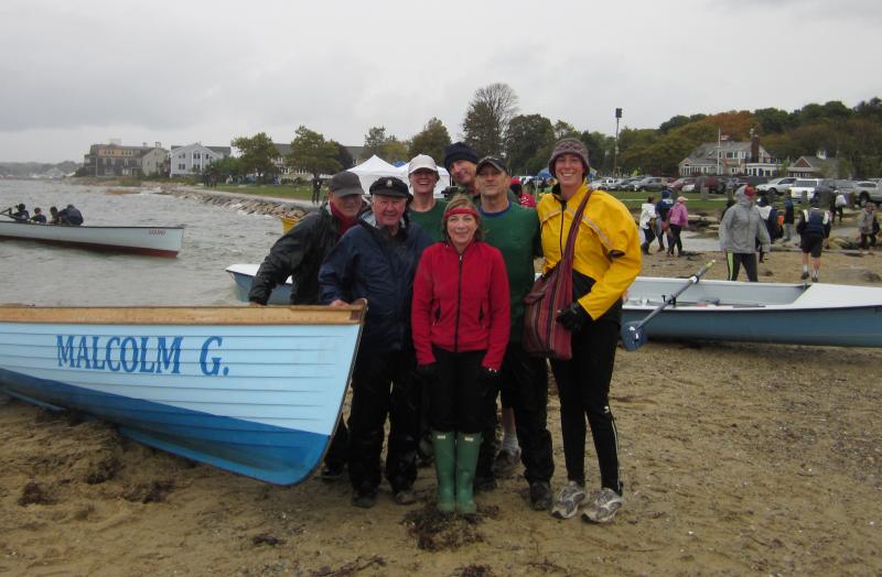 Gregory Stafford, coxswain Malcolm Gator, Tracy Cunning, Susan Orsato, David Cuberly, John Dillenbeck, and Anne Hallee at Plymouth Harbor. (Courtesy Anne Hallee)