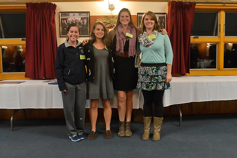 The female Athlete of the Year candidates, from left, Erin Dugan for her sister Brooke, Brittany Bowman (Camden Hills/Tuffs), Becka Hilt (Camden Hills), and Bailey Plourde (Lincoln Academy). Missing was Abby Hersom who was unable to attend. (Photo by Ron Hawkes)