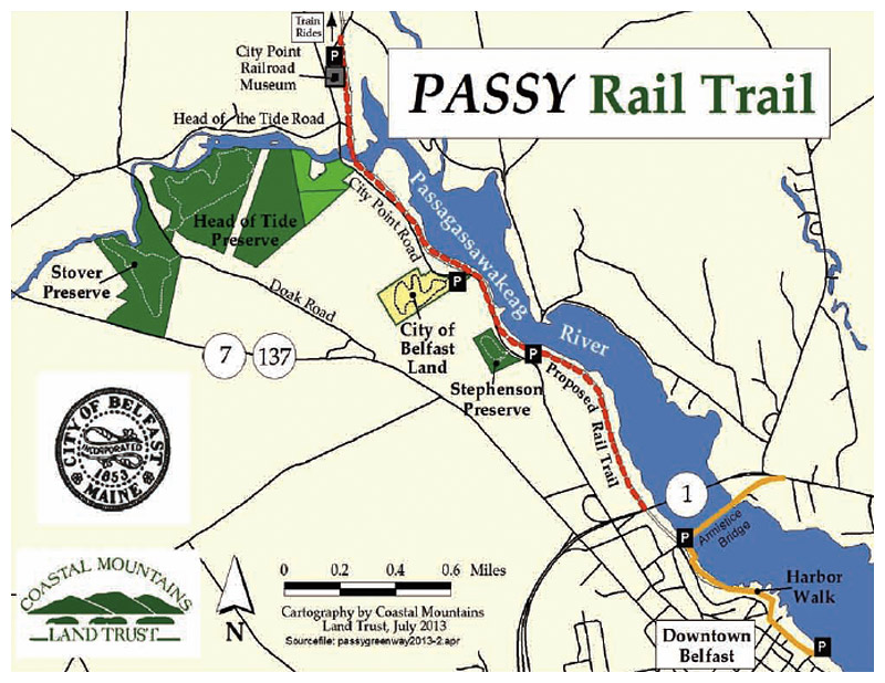 A map showing the location of the planned rail trail (in red) in relation to three land preserves maintained by Coastal Mountains Land Trust. (Image courtesy of CMLT). The two large parcels at the northeastern end are separated from the trail by private property. (Image courtesy of Coastal Mountains Land Trust)