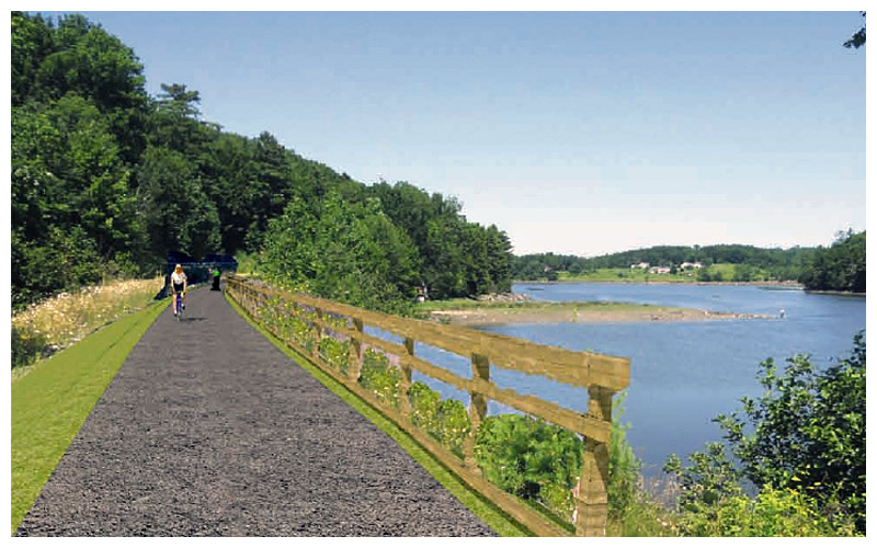 An artist’s rendering of the finished Passy Greenway trail near the old Upper Bridge crossing. (Image courtesy of Coastal Mountains Land Trust)