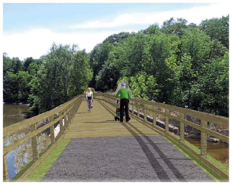 An artist’s rendering of the old railroad trestle near City Point as it would be converted for use by pedestrians, bikers and cross country skiers. (Image courtesy of Coastal Mountains Land Trust)