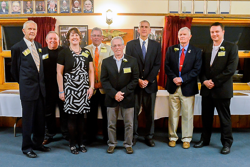 The Midcoast Sports Hall of Fame 2014 inductees, from left, front row, Dan Flanagan, Susan Ware Page, Doug Libby; back row, Rick Simonds, Terry Kenniston, Kevin Jenkins, Walt White and Mike MacDonald. (Photo by Ron Hawkes)