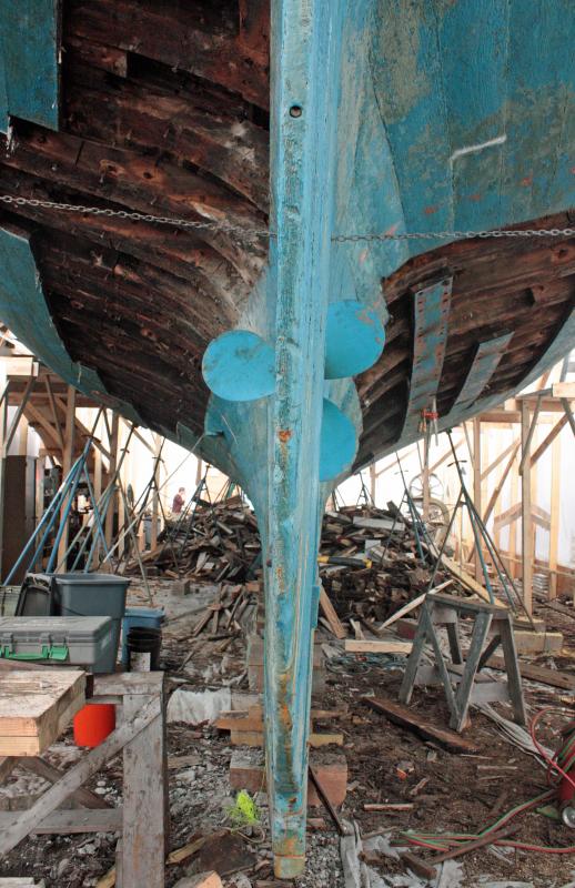 The underside of the ‘Nathaniel Bowditch’ is rough and ragged, but by the summer, it will look very different. (Photo by Holly S. Edwards)