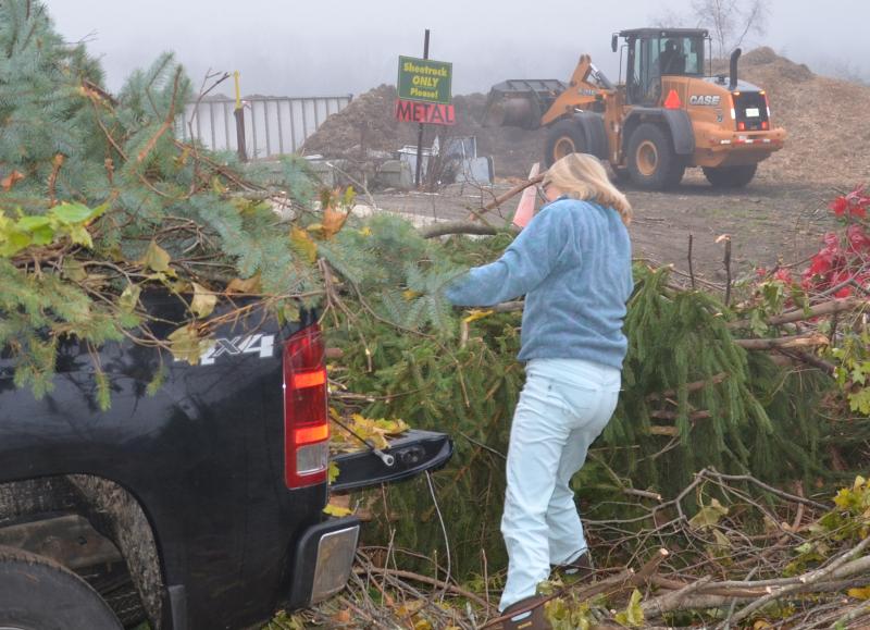 Lori Van Dusen, of Camden, throws brush she and her husband, Chris, cleaned from their yard onto the growing mountain of green debris at the Mid-Coast Solid Waste facility in Rockport, Nov. 12. In the background, a loader moves an endless pile of chips produced from the trees and branches into a waiting tractor-trailer, which will haul them to biomass boilers around the state. It’s a business transaction that, if the price is right, will allow the transfer station to just about break even. (Photo by Lynda Clancy)