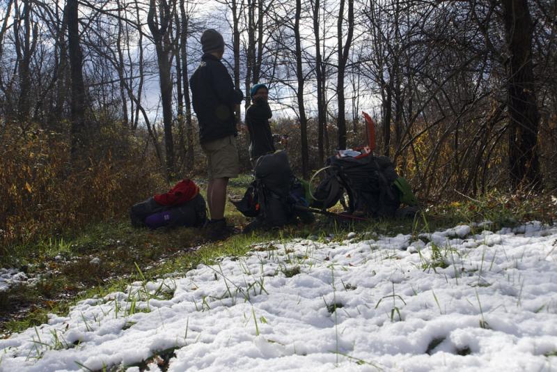 The first snow happened in Connecticut and caught us by surprise. Luckily it was just a light dusting the night before, and the first day of hiking with snow was warm, about 35 degrees, and pleasing to the eye. (Photo courtesy Devon Gordon)