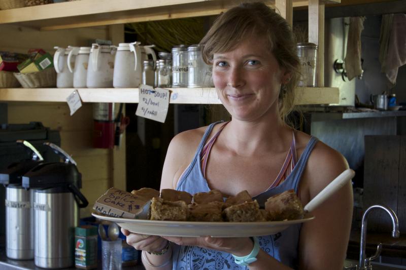 Madison hut in the presidential mountain range is where we met Grey Kelsey, the chef for this amazing spice cake. I walked into the hut just to look around and spotted these tasty looking squares of spice cake that were $3 each. I went out to the workers and asked what I could do to get a piece for free. They told me I had to let them give me my trail name for a piece of spice cake. The trade was made and I actually ended up getting two pieces. (Photo courtesy Devon Gordon)
