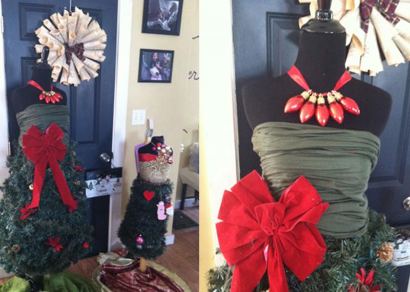 Mandie Goody Sawyer’s handmade mannequin Christmas trees, with a DIY wreath in the back she made from a Joy of Cooking cookbook. (Photos courtesy of Mandie Goody Sawyer)