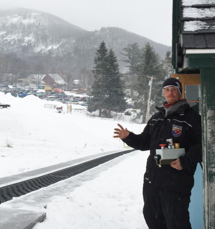 Will Glaude at the top of the Magic Carpet, the lift for beginners. (Photo by Lynda Clancy)