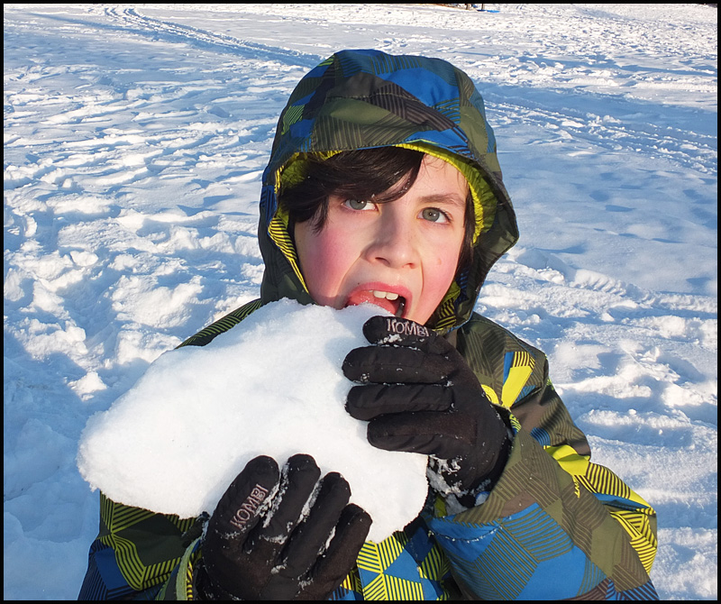 Sam Skovran, 9, of Camden, took to the economy size for a snow snack.