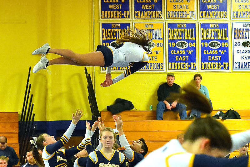 A scene from the Medomak Valley cheerleading team routine. (Photo by Ron Hawkes)