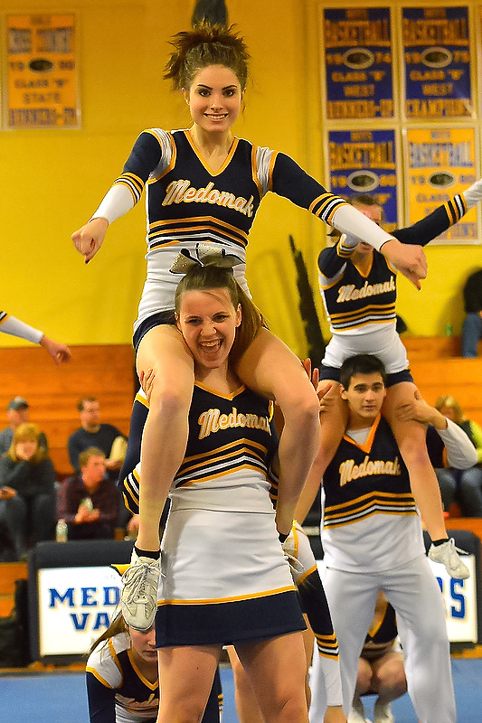 A scene from the Medomak Valley cheerleading team routine. (Photo by Ron Hawkes)