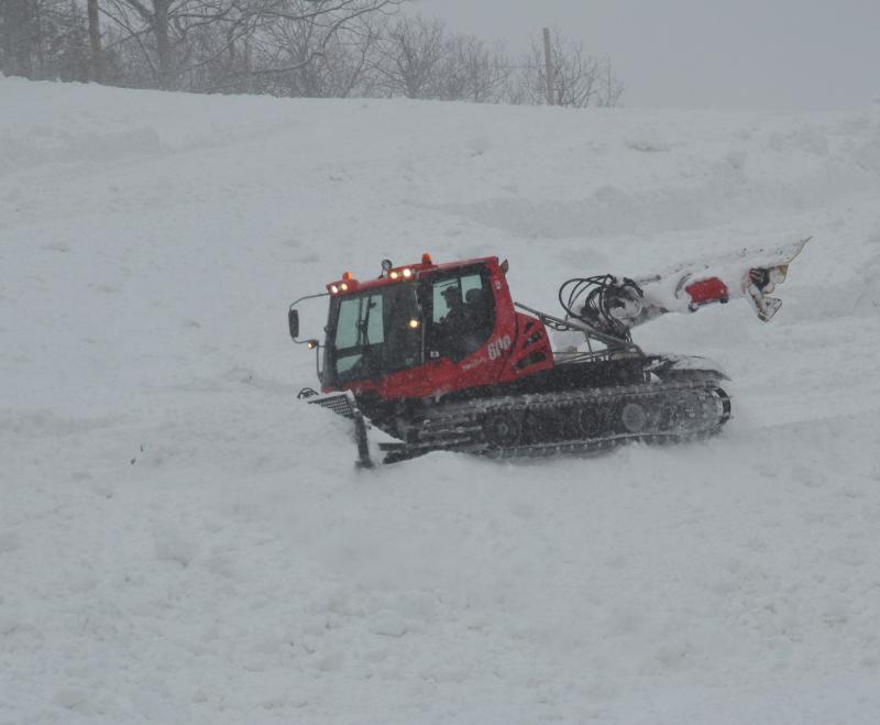 The Snow Cat is moving snow around on upper Mussel. (Photo by Lynda Clancy)