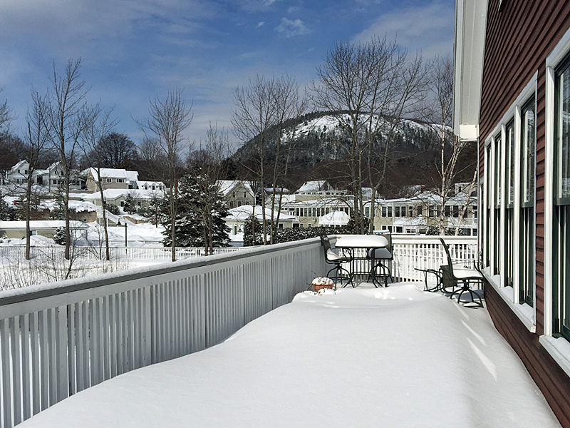 Snow-capped Mt. Battie, from Mechanic Street and the Knox Mill. (Photo by Holly S. Edwards)